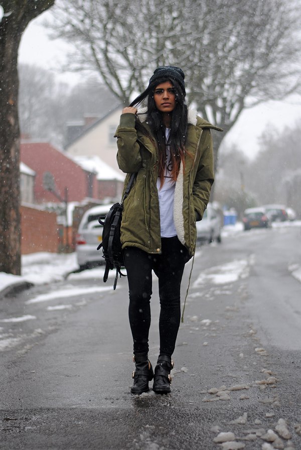 Shearling-Lined Canvas Parka with Skinny Trousers — Parka Outfits