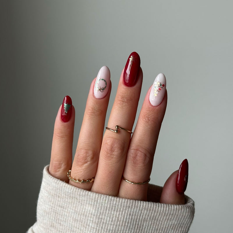 Deep Red and Gold Winter Accents — Winter Acrylic Nails