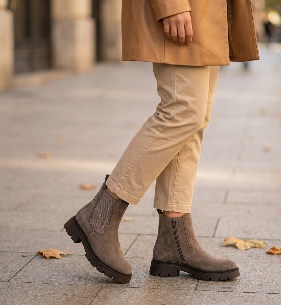 Grey Suede Chelsea Boots with Beige Trousers and Tan Coat — Suede Boots Outfits