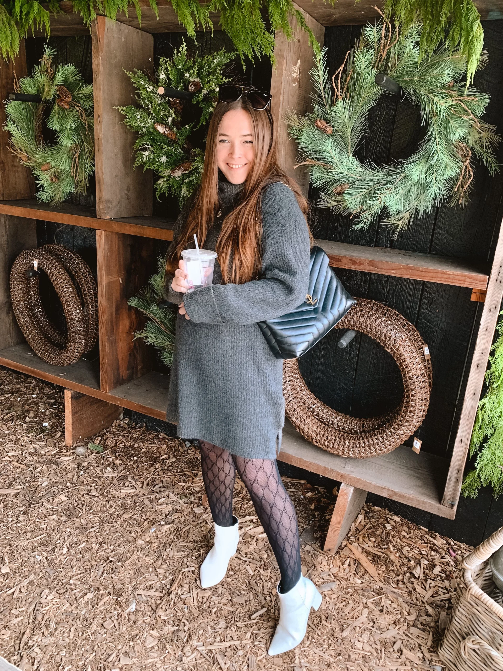 Textured Casual: Black Patterned Tights with a Grey Sweater Dress — Tights Outfits
