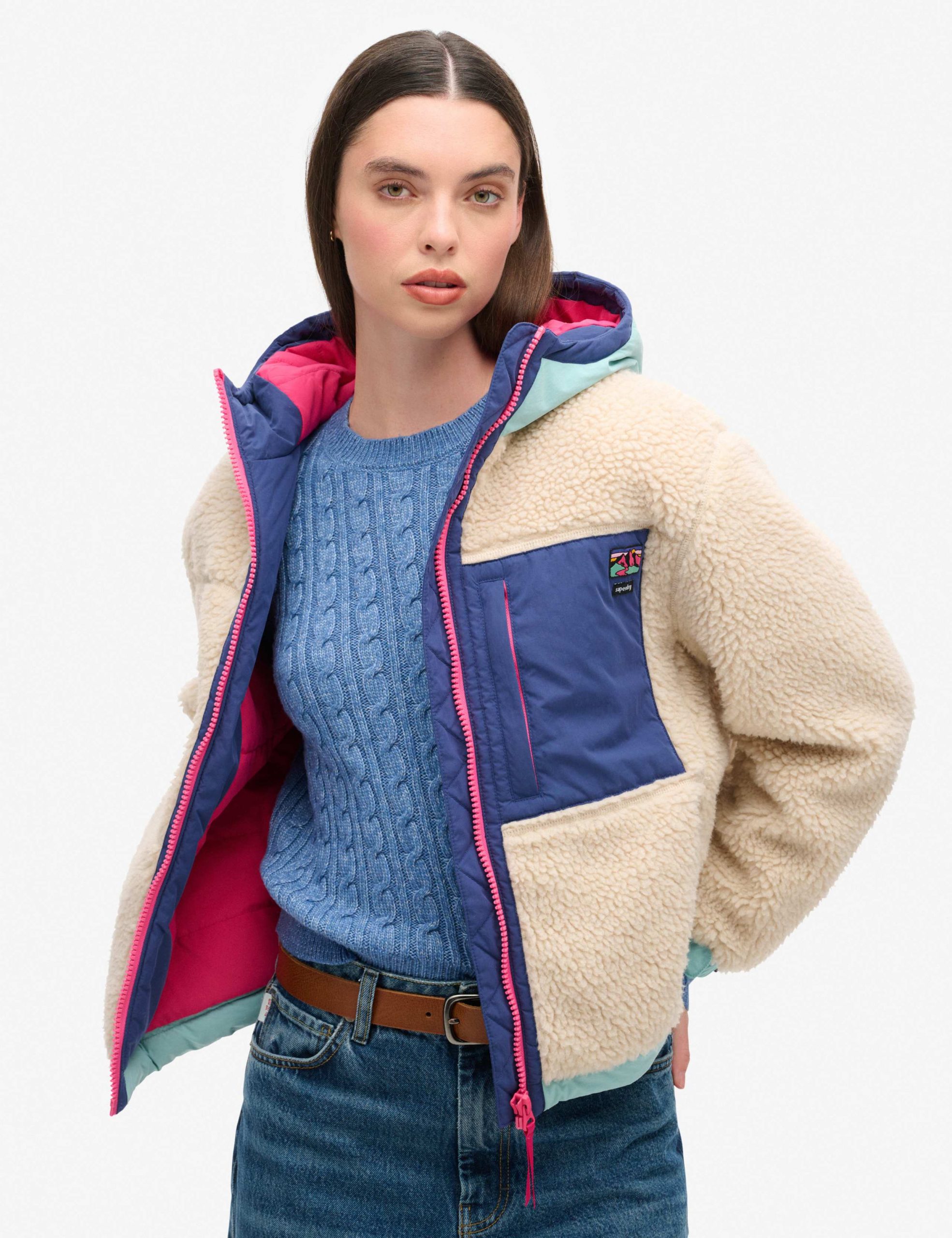 Color Pop Accents: Cream Fleece Jacket with Blue Cable Knit Color Pop Accents: Cream Fleece Jacket with Blue Cable Knit — Fleece Jacket Outfits