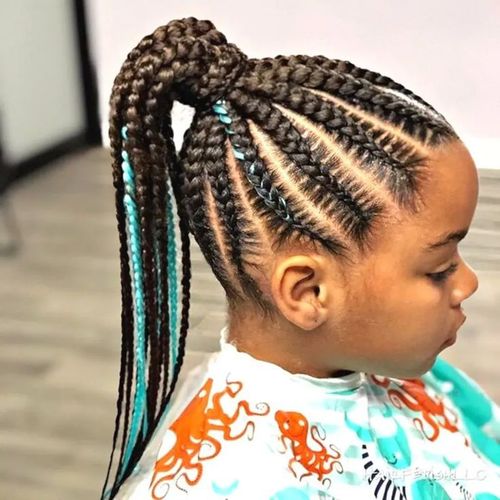 Cornrows to Ponytail With Blue Streaks — Winter Hairstyles for Black Kids
