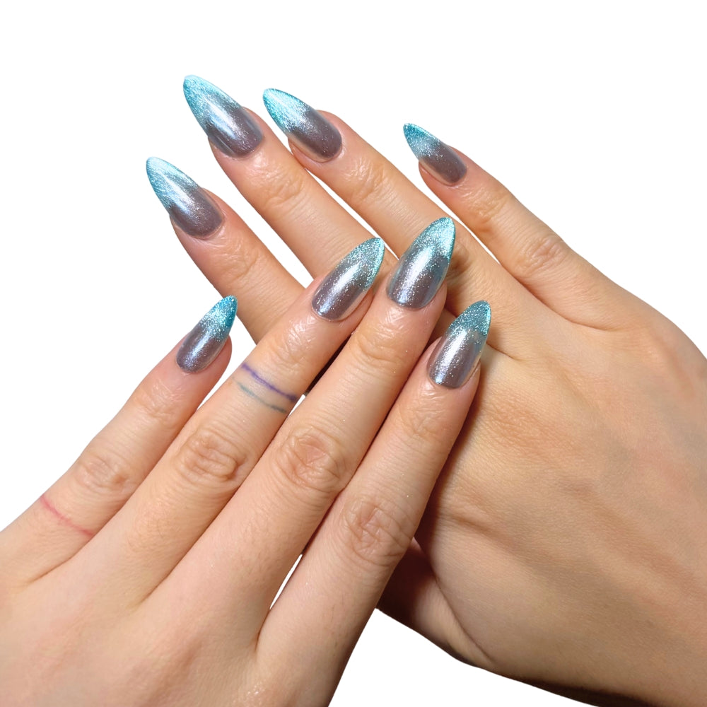 Chrome Icy Blue Gradient Pointed Nails Chrome Icy Blue Gradient Pointed Nails — Icy Blue Nails