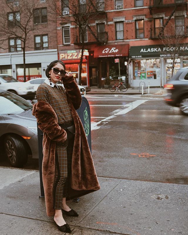 Faux Fur Coat Over Plaid Dress Faux Fur Coat Over Plaid Dress — Modest Winter Outfits