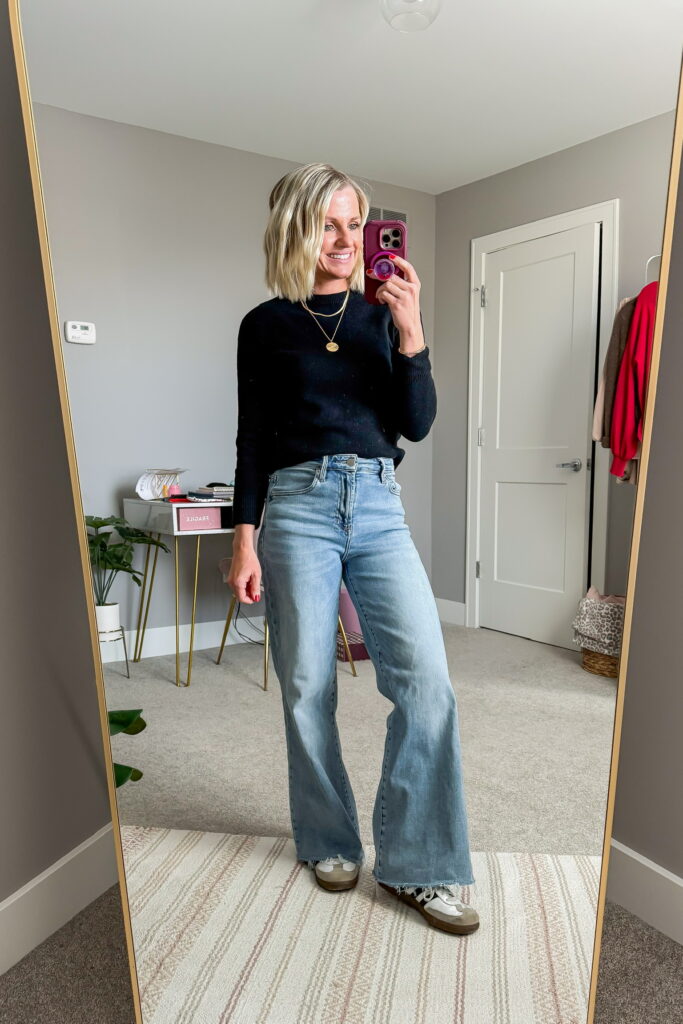 Effortless Everyday: Black Sweater with Light Wash Wide Leg Jeans — Winter Outfits with Wide Leg Jeans