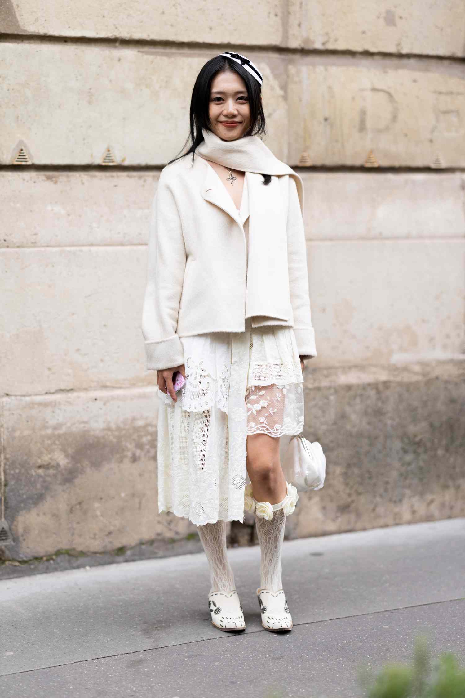 Monochromatic White Wool Jacket with Lace Dress and Loafers Monochromatic White Wool Jacket with Lace Dress and Loafers — Winter Streetwear Outfits
