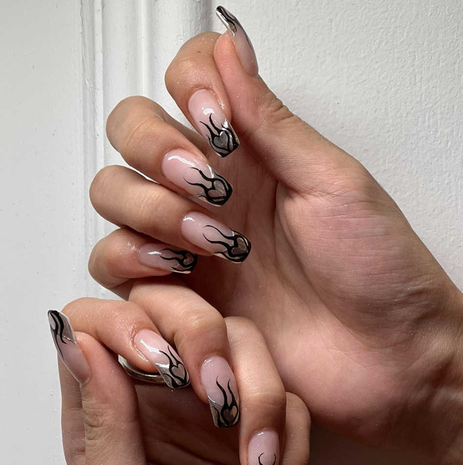 Long Glossy Sheer Pink Flame Art Coffin Nails Long Glossy Sheer Pink Flame Art Coffin Nails — Winter Coffin Nails