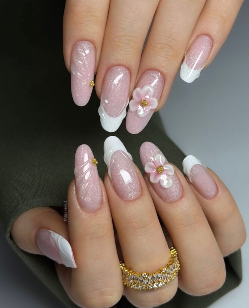 Long Oval Glitter French with 3D Flowers — Cute Nail Designs