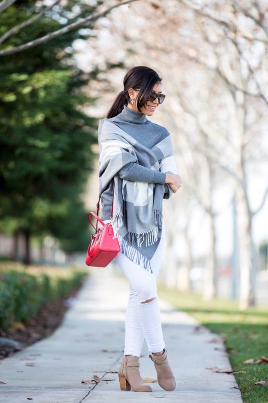 Grey Turtleneck and Patterned Scarf with White Jeans — Cold Weather Outfits