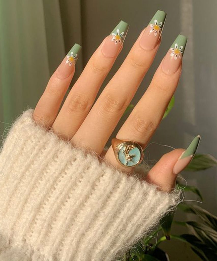 Green Floral French Tip Square Nails Green Floral French Tip Square Nails — Simple Nail Designs