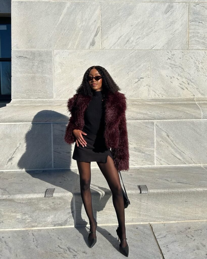 Black Mini Skirt with Faux Fur Jacket Black Mini Skirt with Faux Fur Jacket — Winter Skirt Outfits