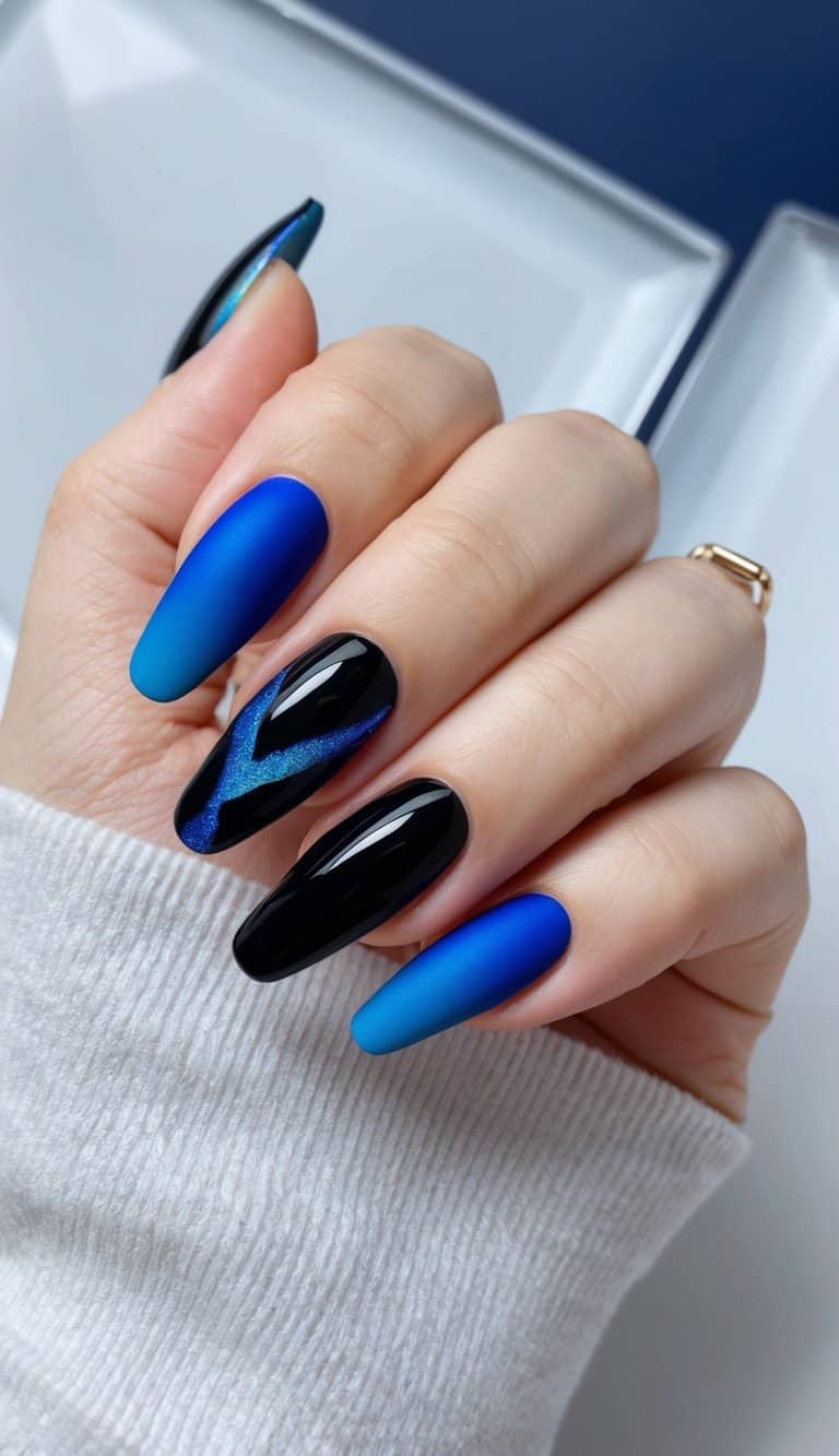 Matte Electric Blue Gradient with Glossy Cat-Eye — Blue Nail Inspo