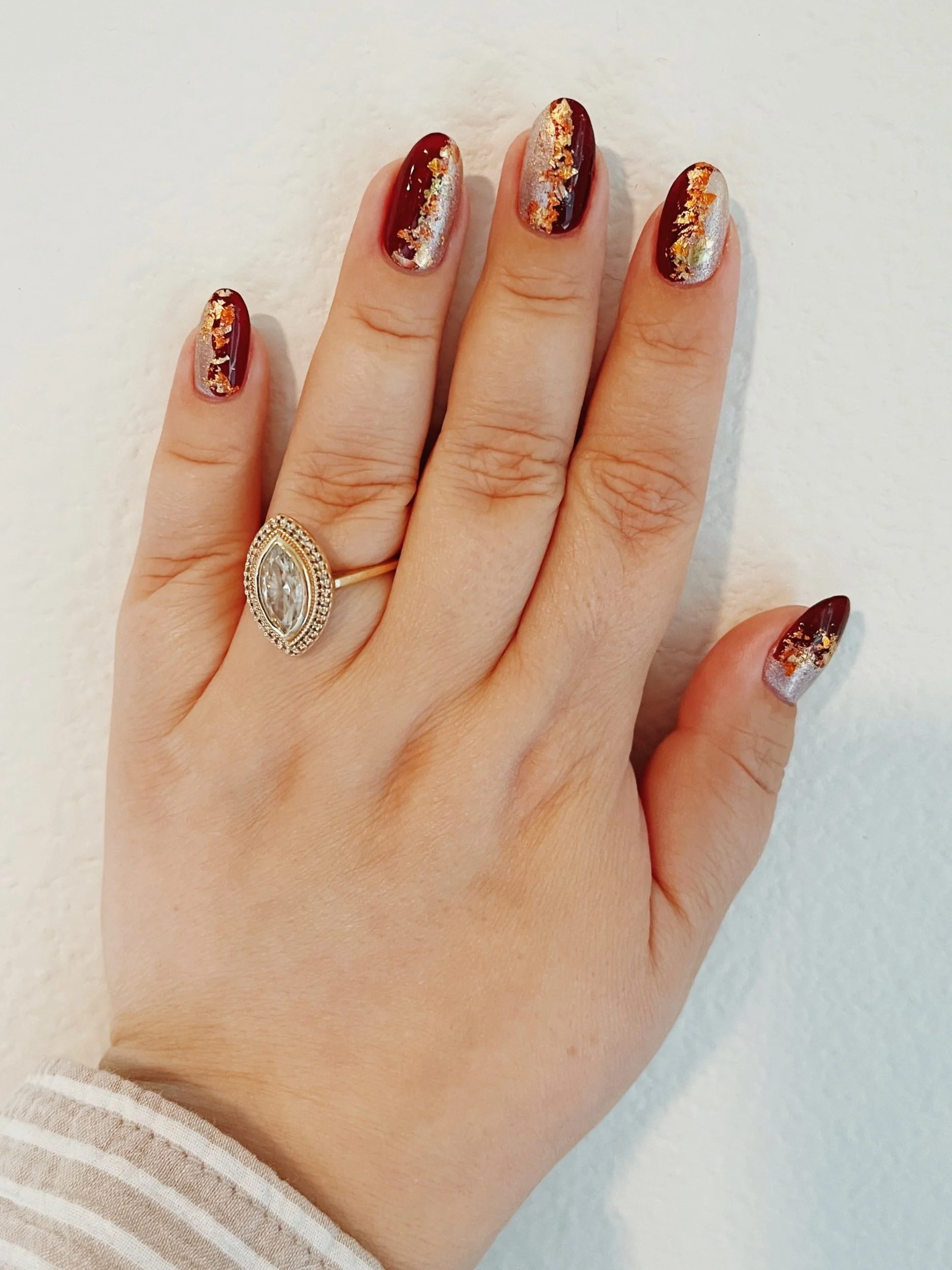 Deep Red with Metallic Foil Accents — Winter Nails