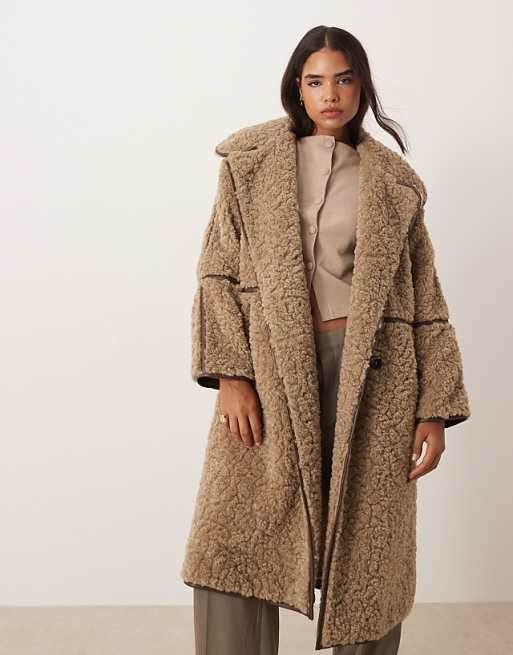 Oatmeal Longline Shearling Coat with Knitwear — Shearling Coat Outfits