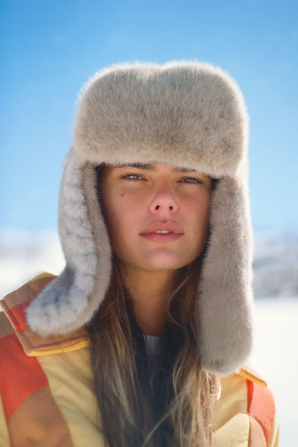 Light Grey Trapper Hat with Chevron Pattern — Fur Hat Outfits