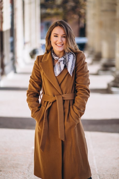 Belted Brown Wool Coat with Patterned Scarf — Brown Coat Outfits