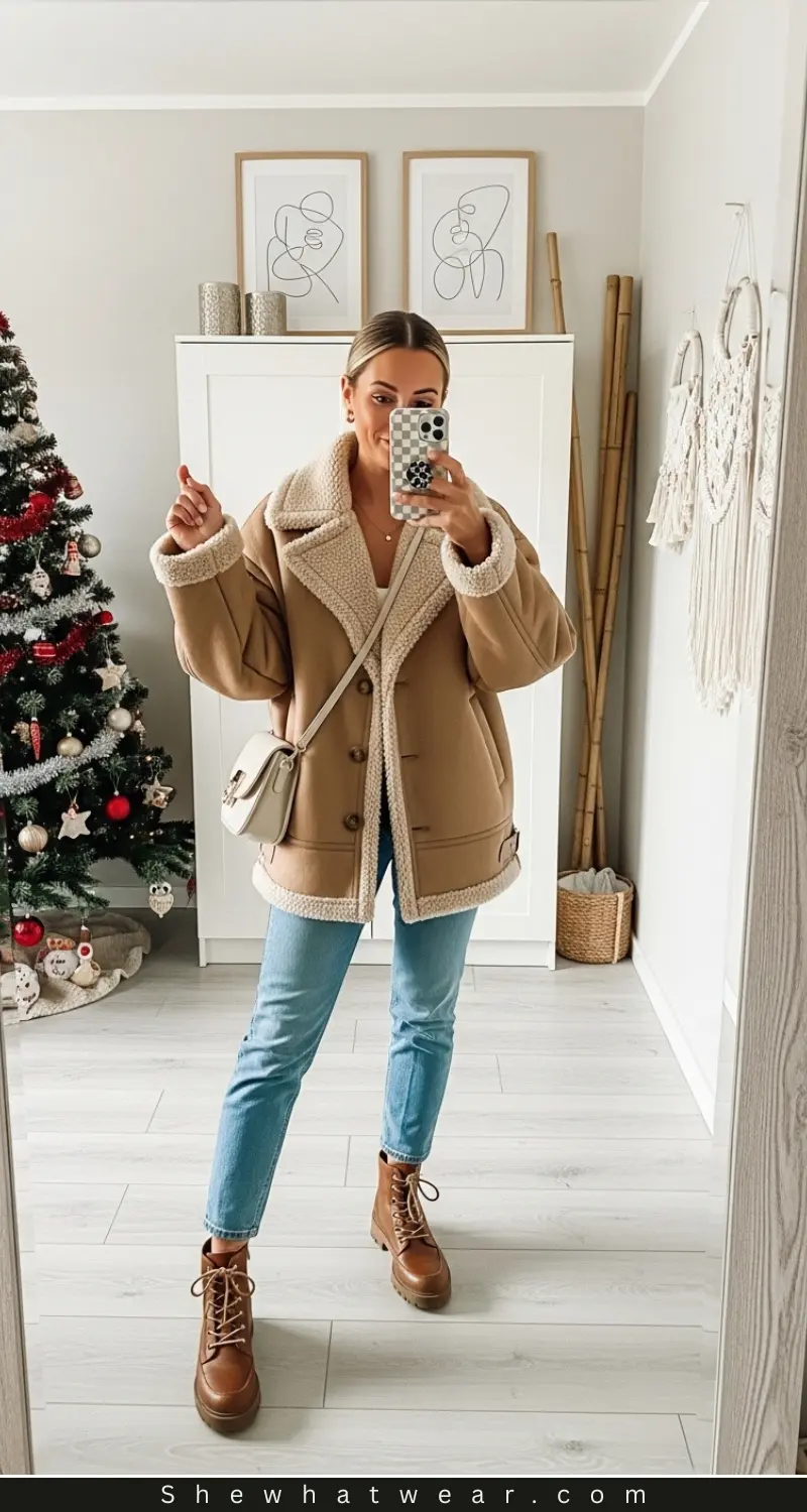 Shearling Warmth: Tan Jacket with Denim — Comfy Winter Outfits