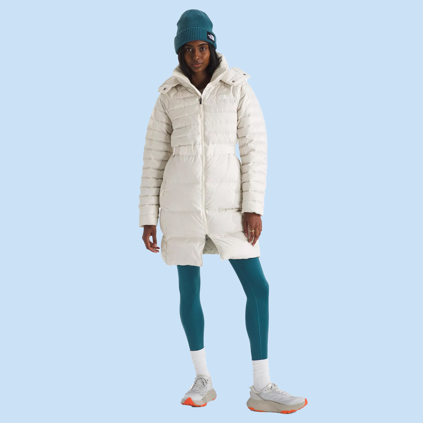 Puffer Perfection: Long Cream Coat with Vibrant Leggings Puffer Perfection: Long Cream Coat with Vibrant Leggings — Winter Coats for Women