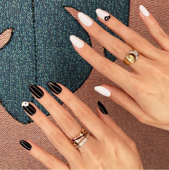 Medium Stiletto Black White Yin Yang Eye Nails Medium Stiletto Black White Yin Yang Eye Nails — Trendy Simple Nail Designs
