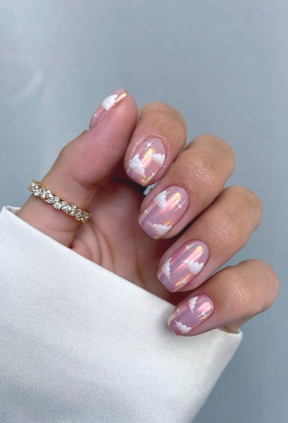 Cloud Motifs With Holographic Accents Solid Gold Stiletto Mirror Chrome — Chrome Nail Designs