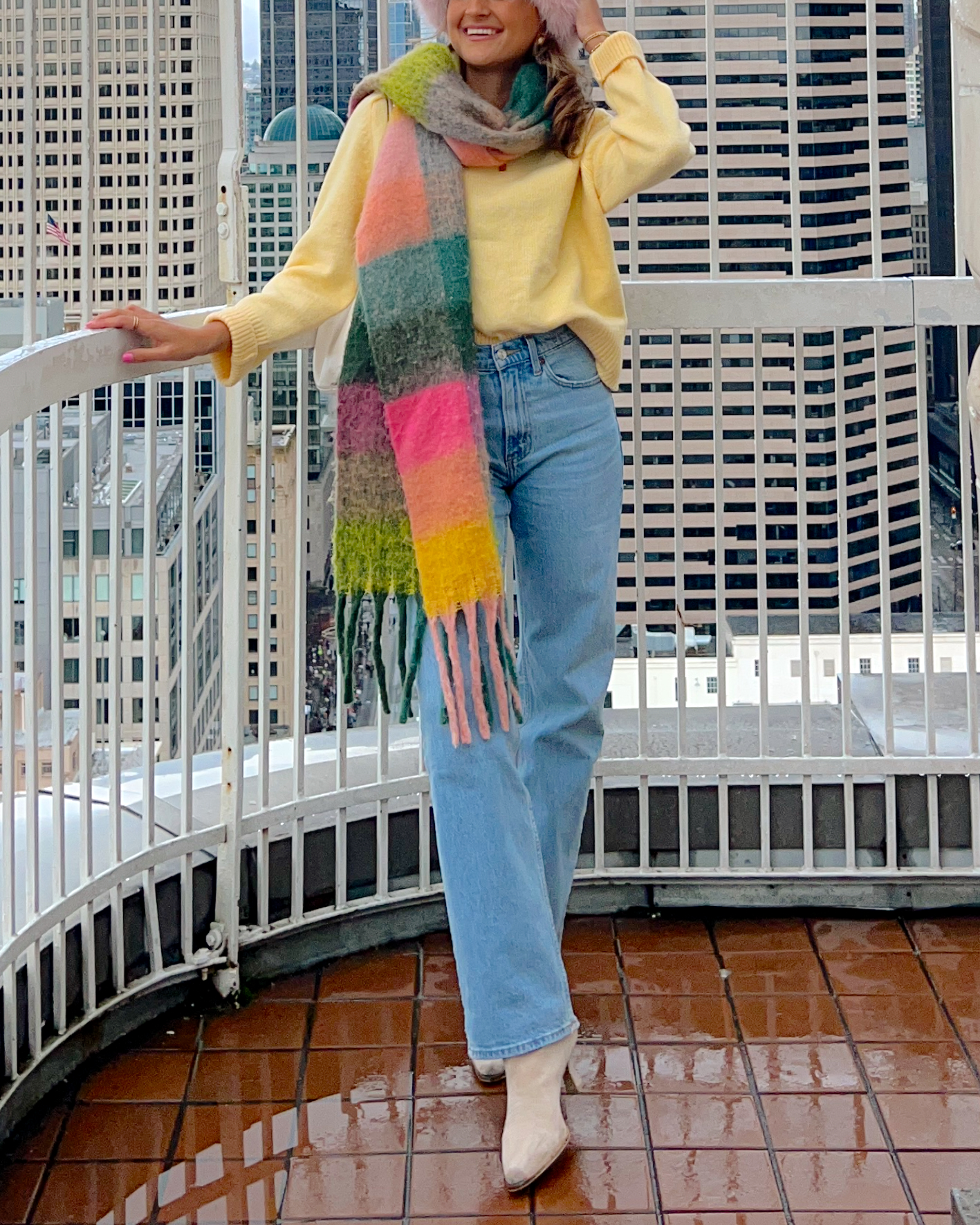 Yellow Sweater with Colorful Scarf and Pink Beanie Yellow Sweater with Colorful Scarf and Pink Beanie — Colorful Winter Outfits