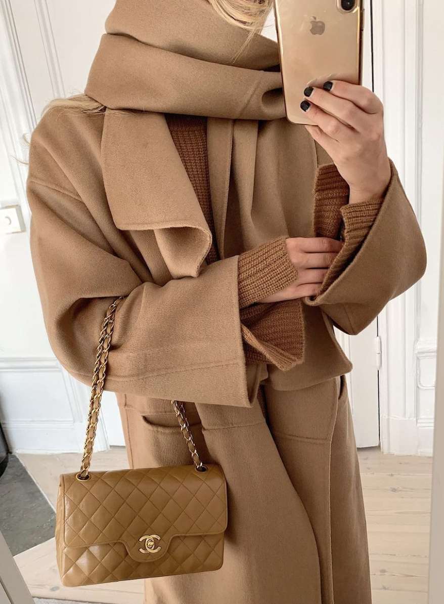 Layered Camel Coat and Brown Knit with Quilted Bag Layered Camel Coat and Brown Knit with Quilted Bag — Camel Coat Outfits