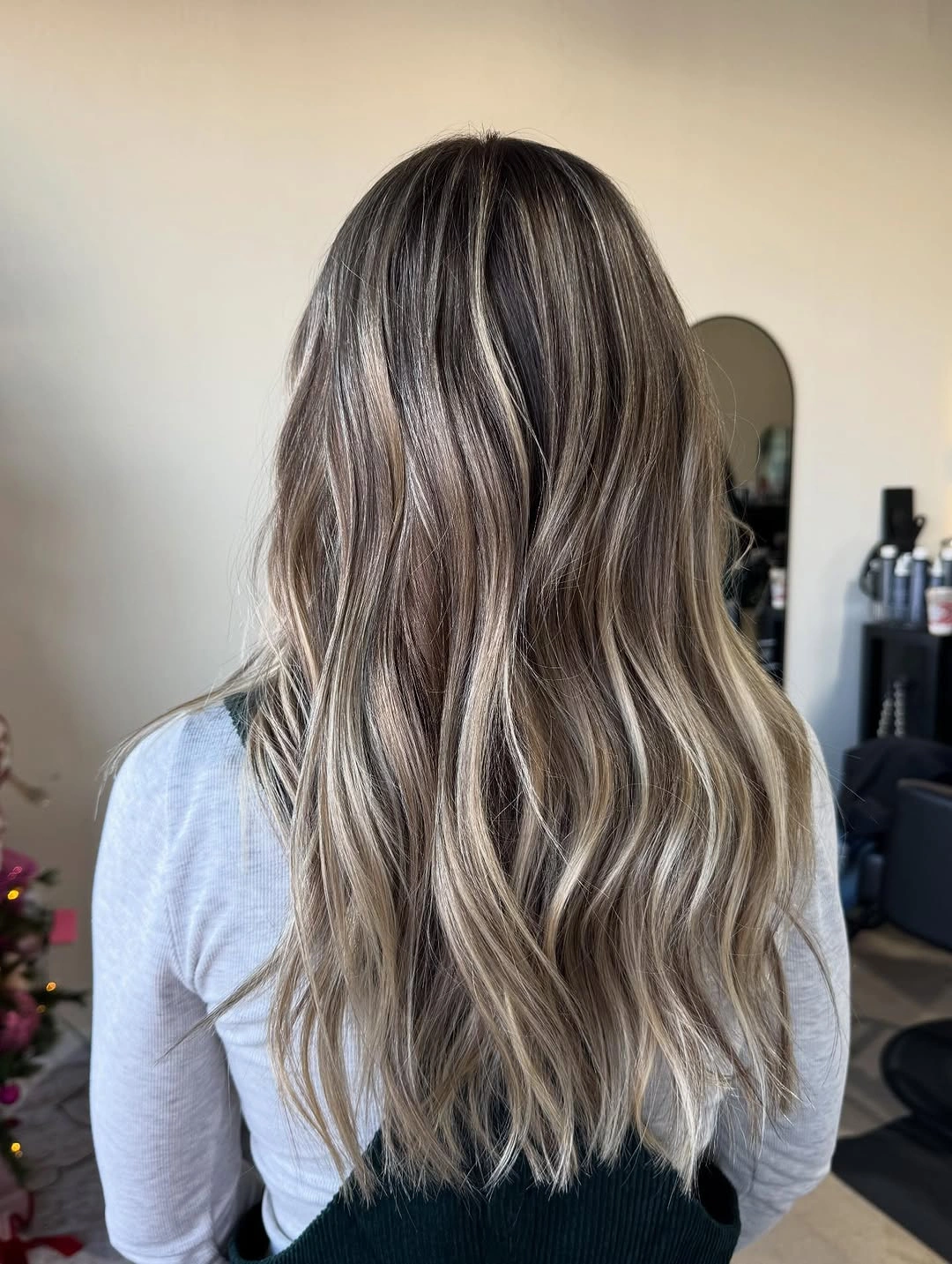 Long wavy hair with cool light and dark strands