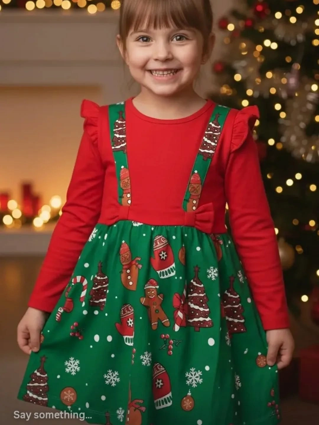 Child wearing green and red dress with suspender straps