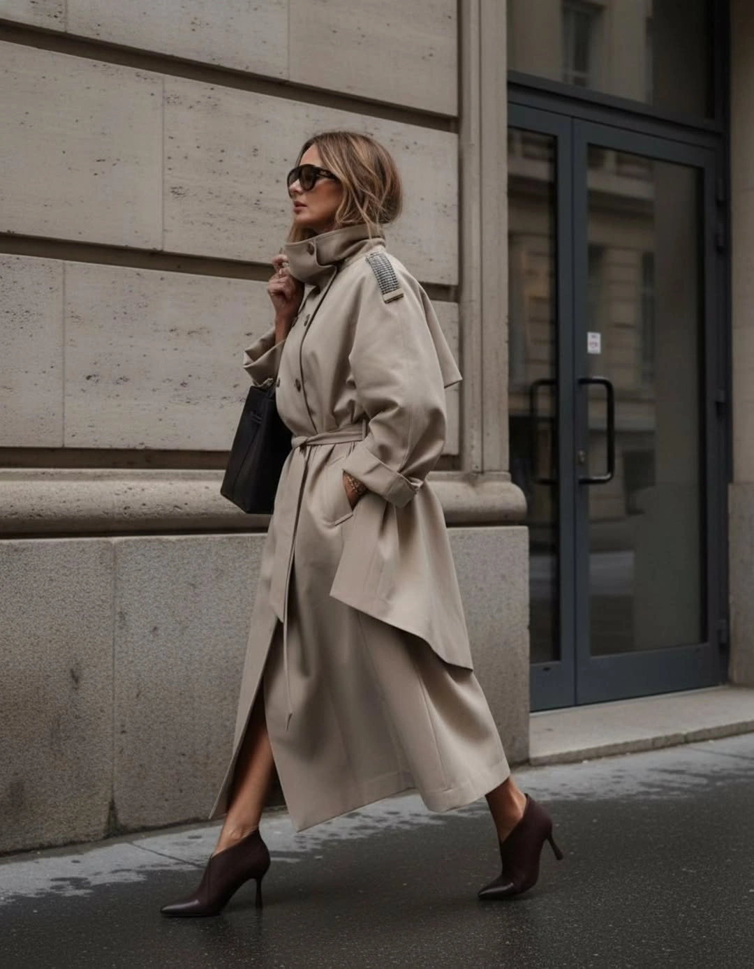 Taupe belted coat with black bag and brown ankle boots