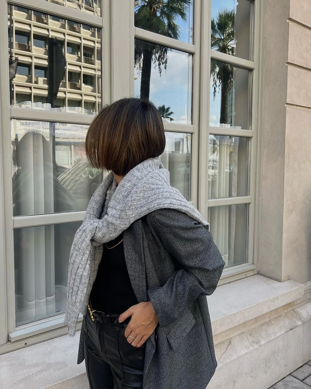 Charcoal oversized blazer, black base, gray scarf over shoulder