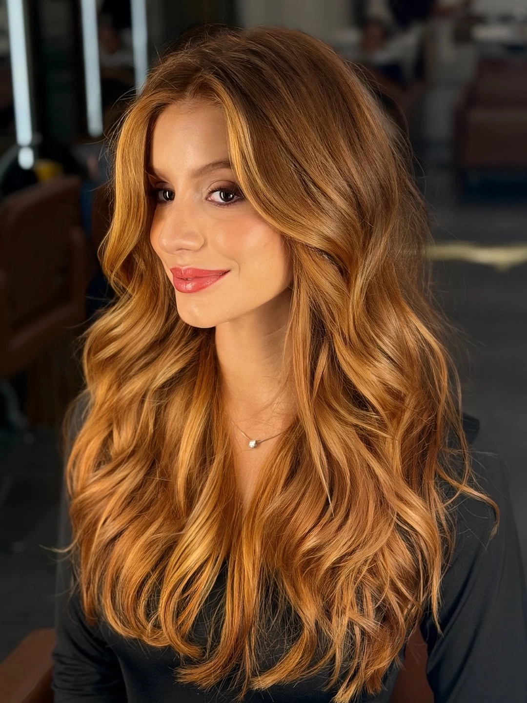 Long golden-copper hair styled in loose flowing warm-toned waves.