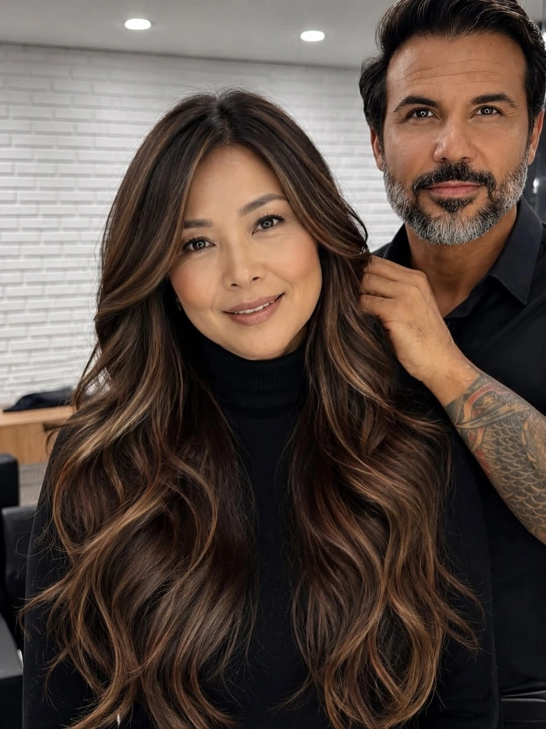 Very long dark brown hair with warm tones and broad waves.
