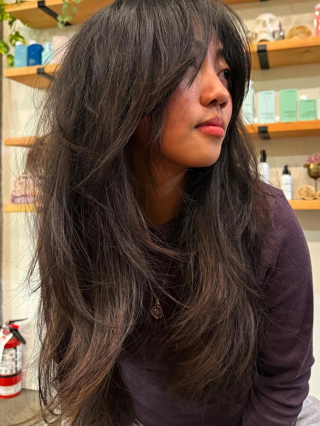 Long dark hair with soft waves and shorter front pieces