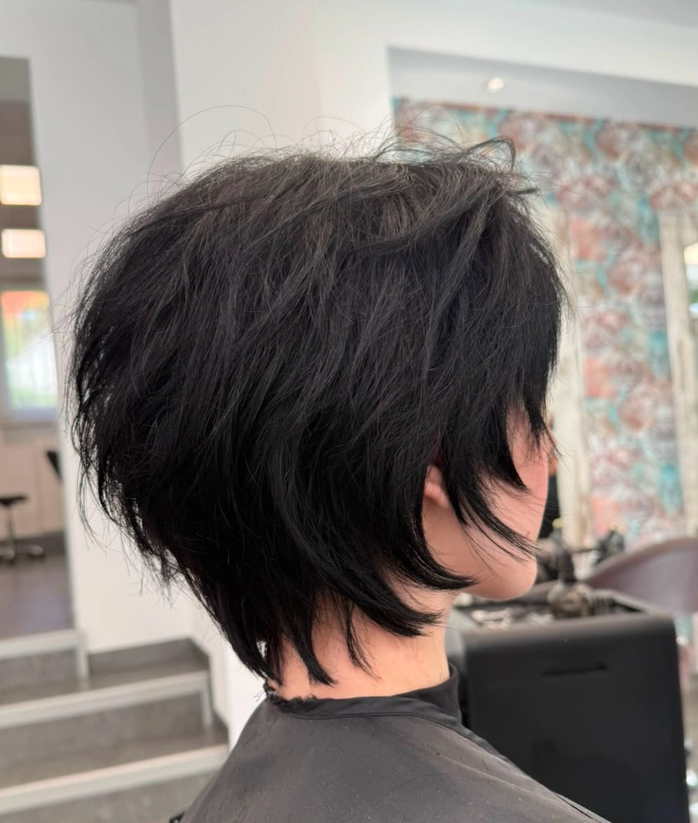 Dark short layered-looking hair with separated side and nape pieces