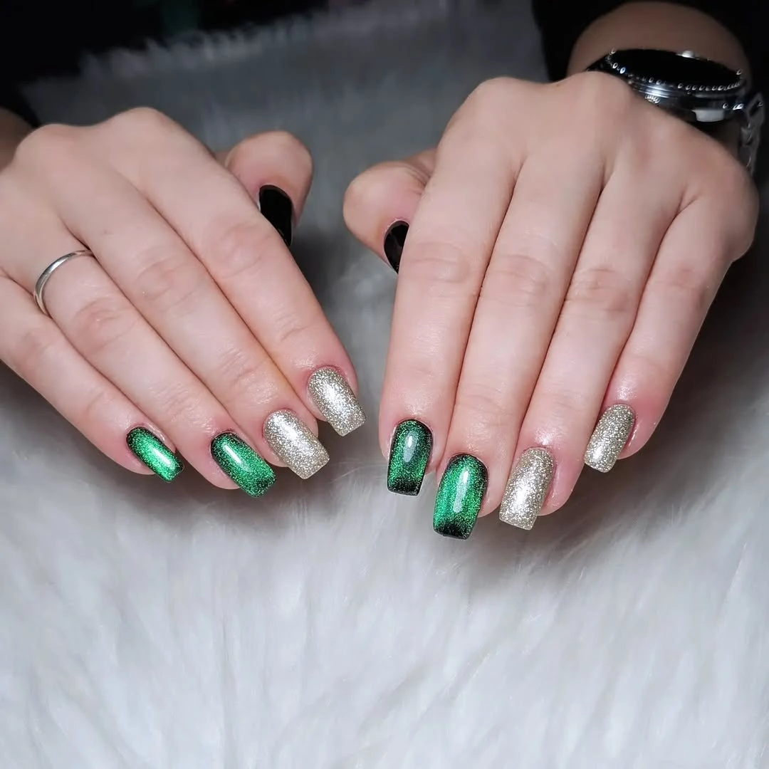 Long almond nails with multicolored curved blocks and white contour lines