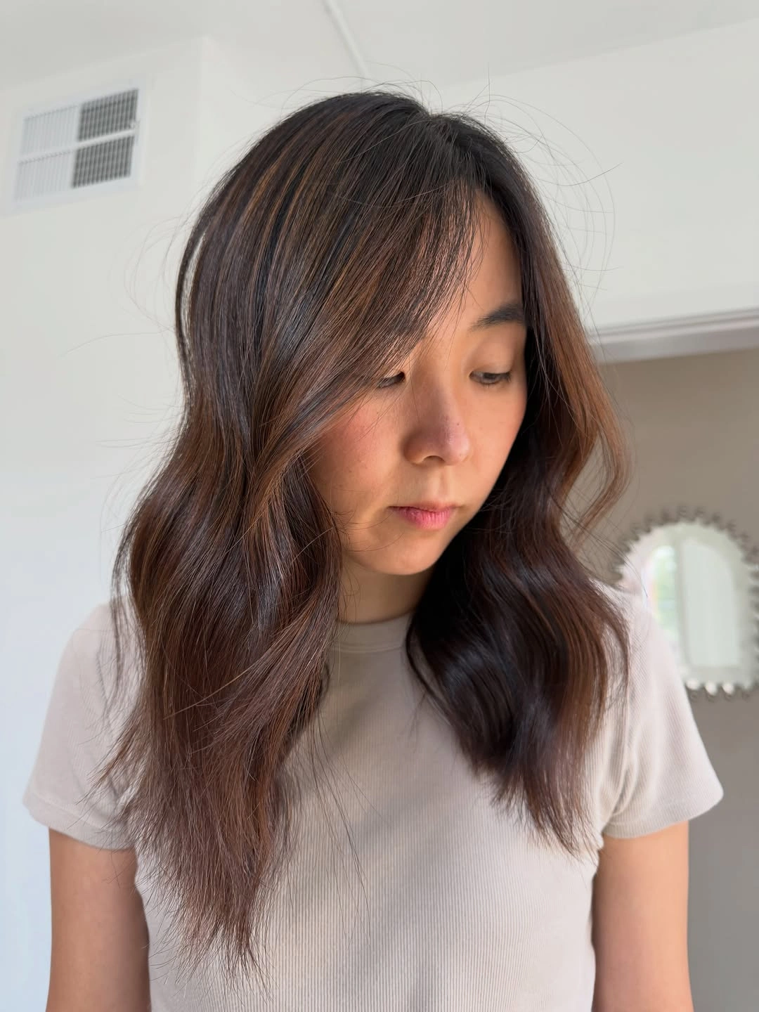 Medium brunette waves with copper chestnut side pieces
