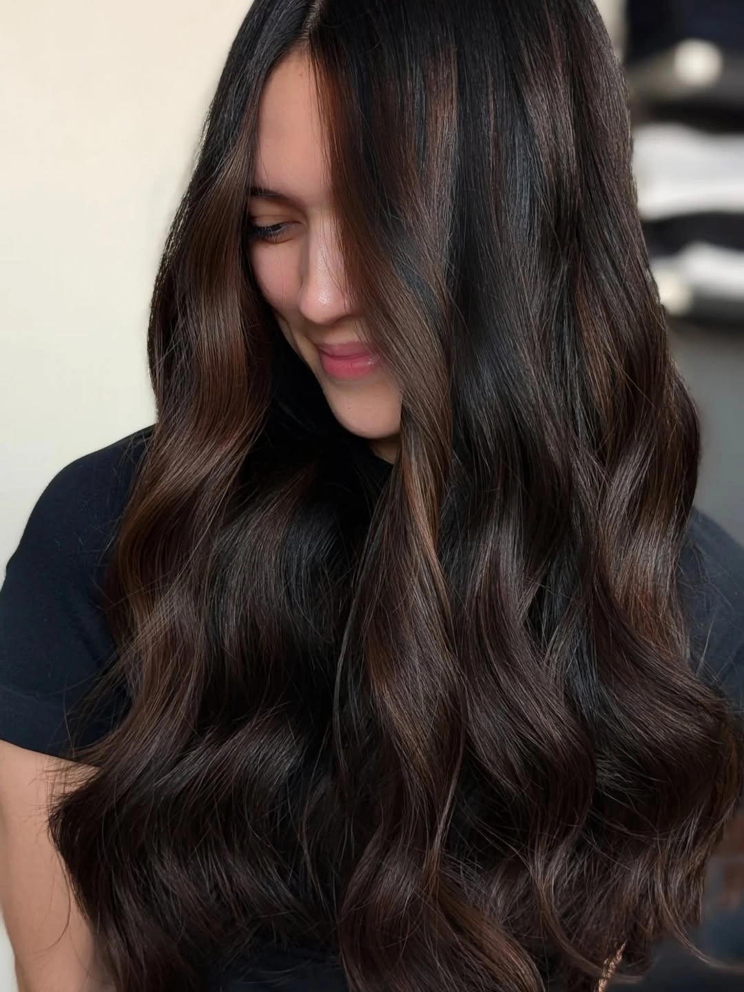 Long dark brunette waves with warm chestnut panels
