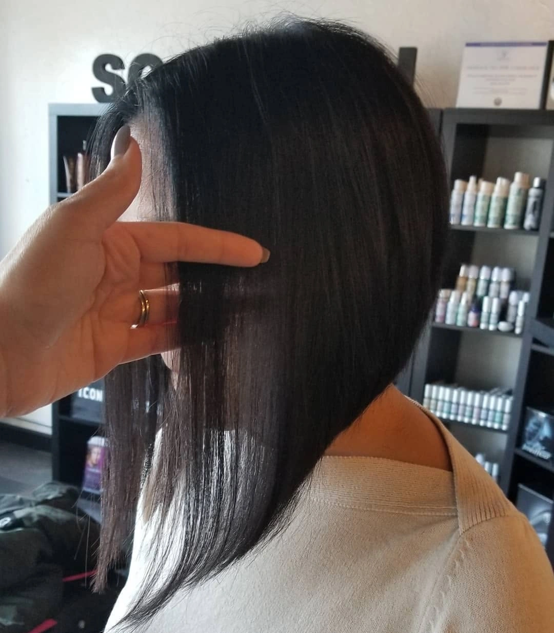 Sleek dark long A-line bob with separated front panel