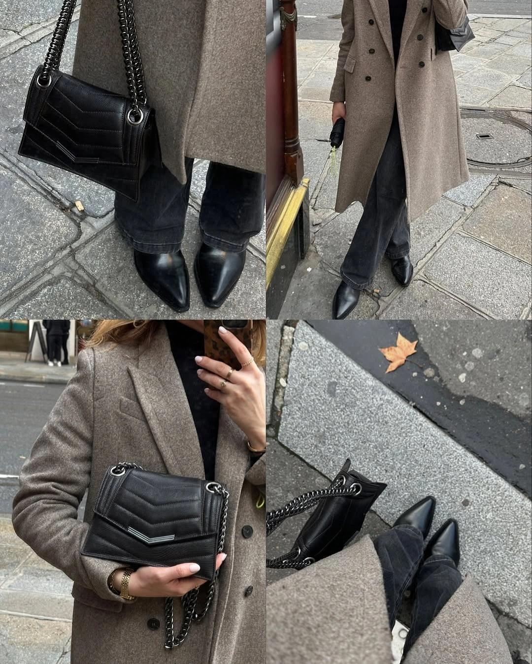 Gray tailored coat with black quilted chain bag and pointed black boots
