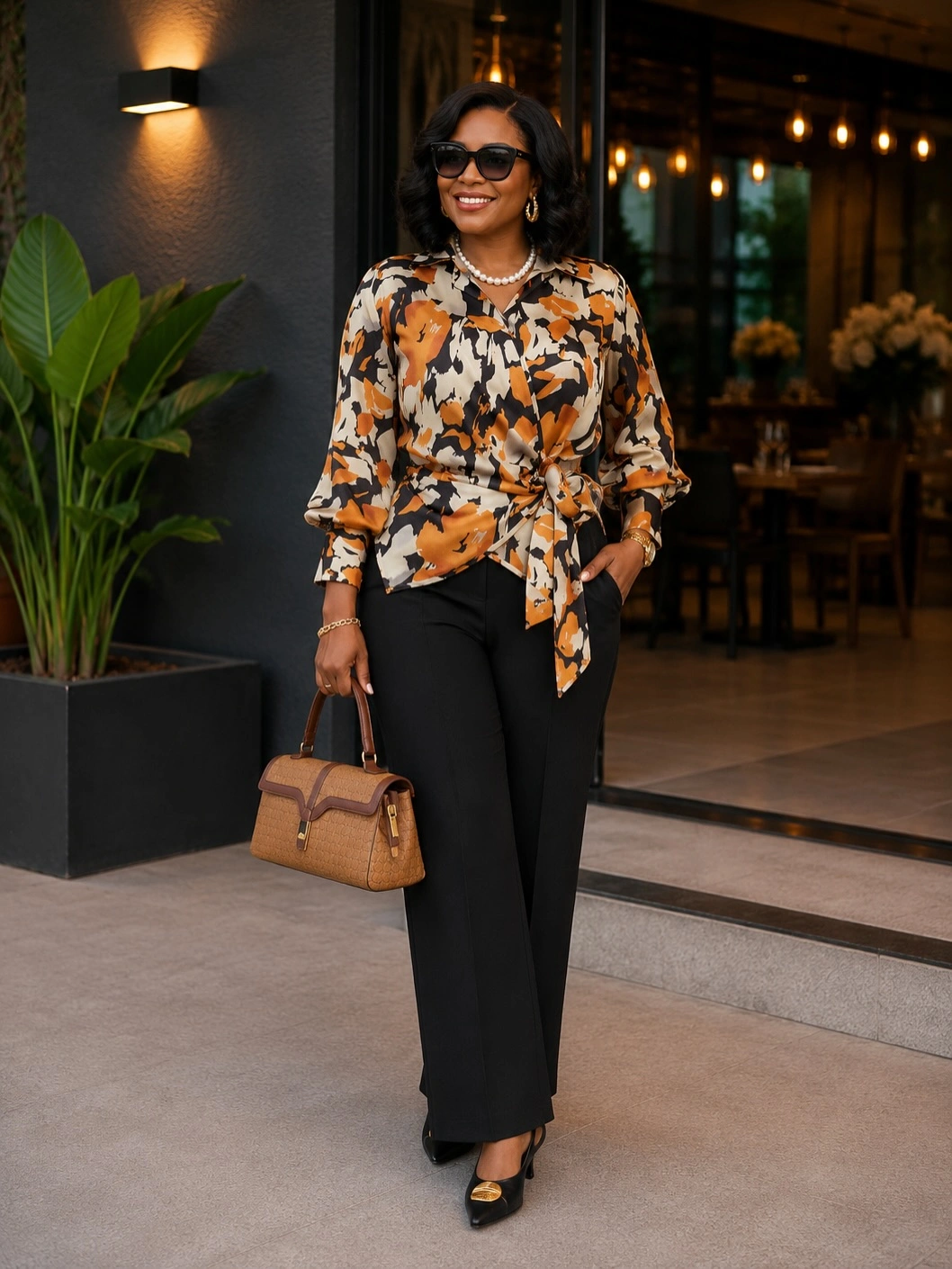 Orange, cream, and black patterned blouse with black wide-leg trousers and a caramel-colored handbag.