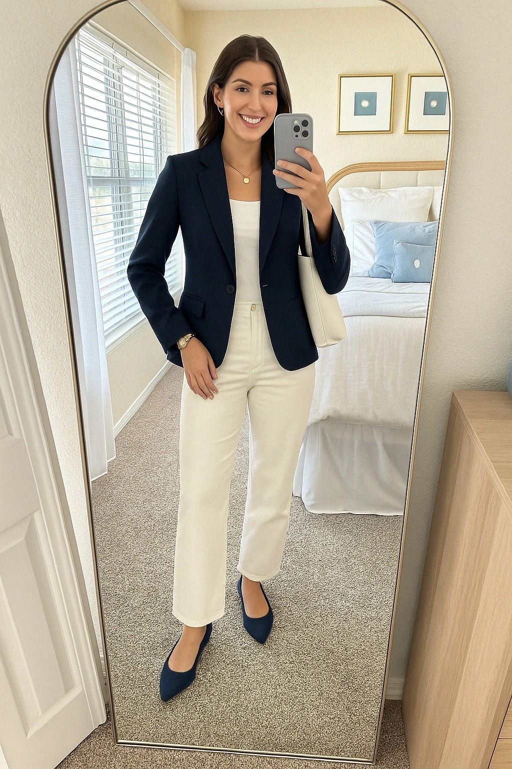 Navy blazer over ivory top and cropped trousers, with navy pointed shoes and pale shoulder bag.