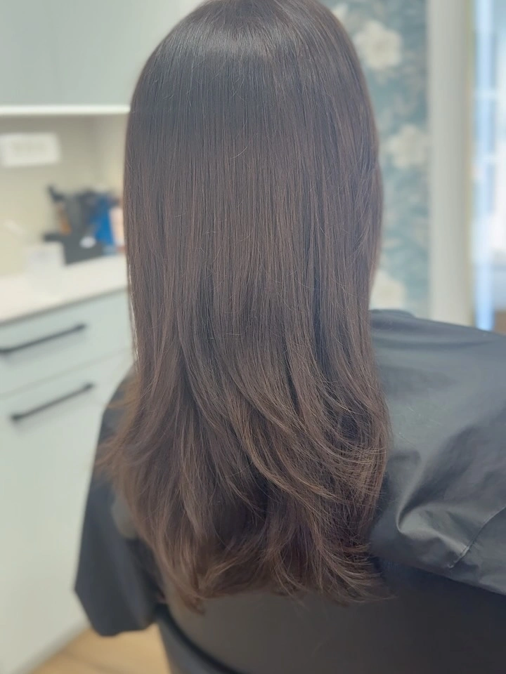 Long dark straight hair with subtle low layers