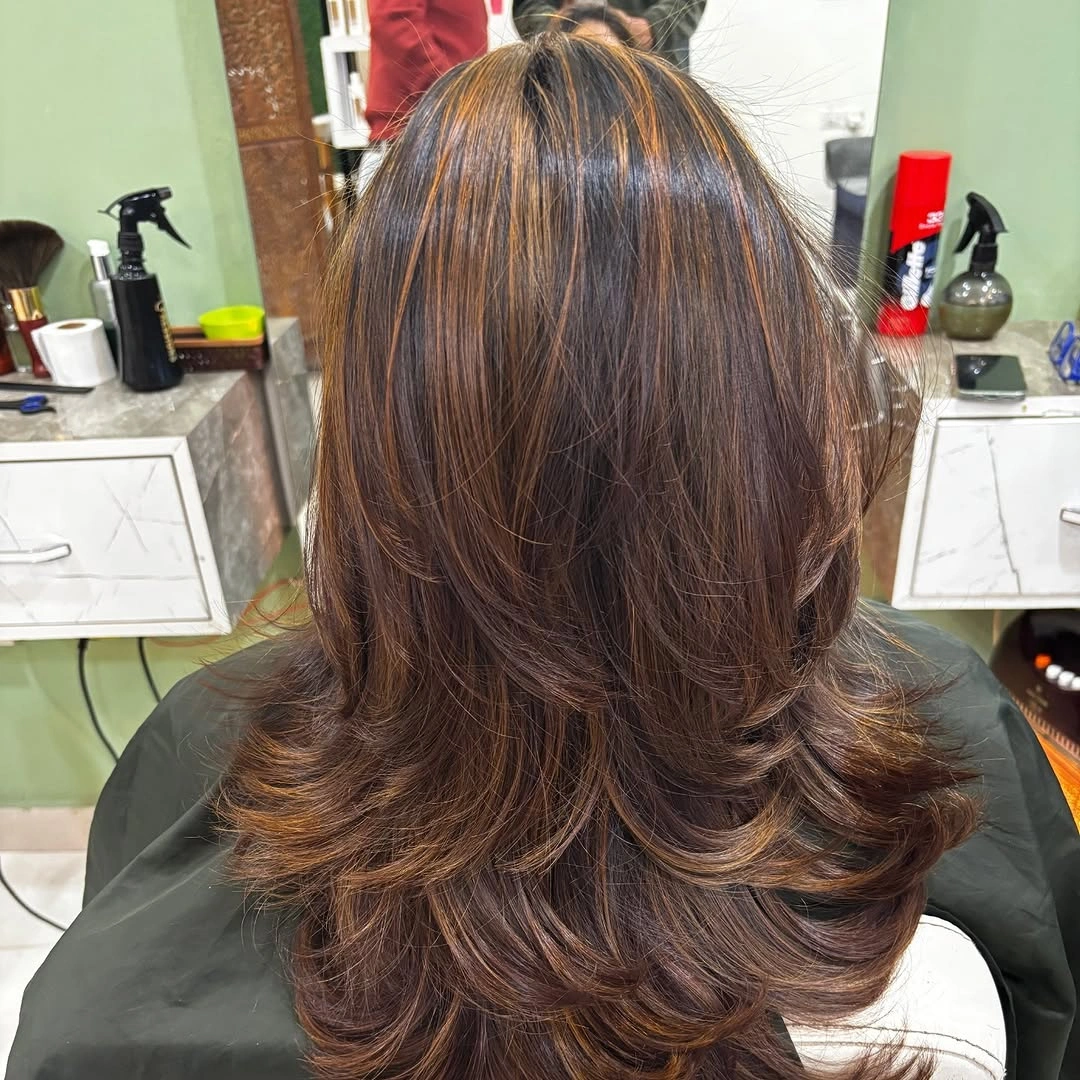 Rear view of long brown hair with graduated feathered layers
