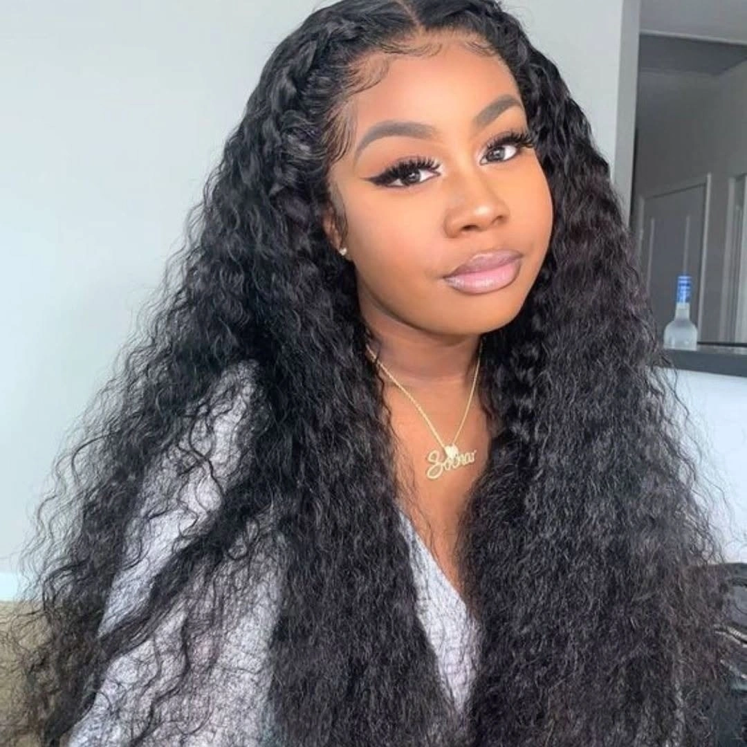 Long dark rippled hair with raised braid-like front sections and a narrow central part
