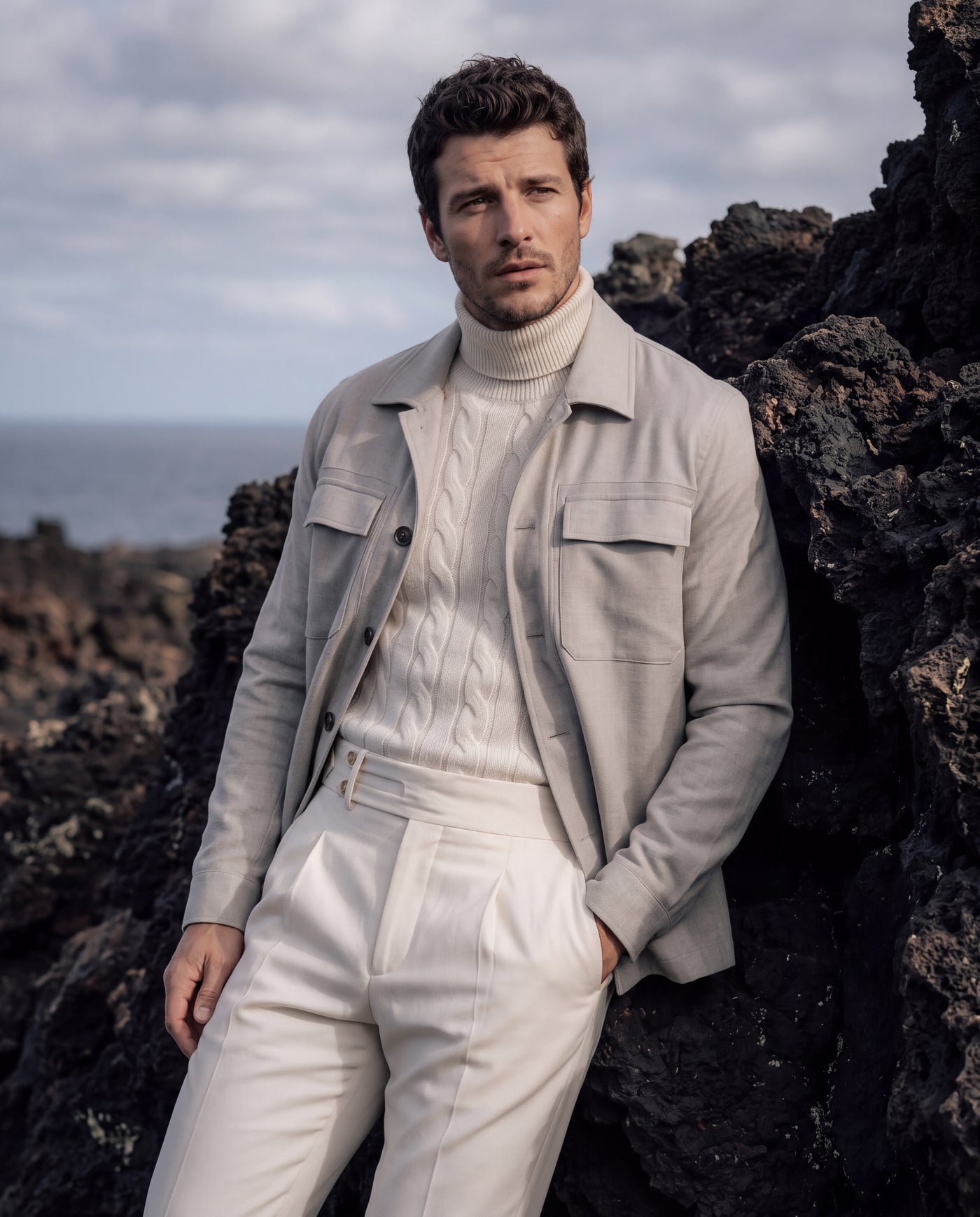 Neutral Tones: Cream Turtleneck and Beige Utility Jacket Neutral Tones: Cream Turtleneck and Beige Utility Jacket — Winter Outfits for Men