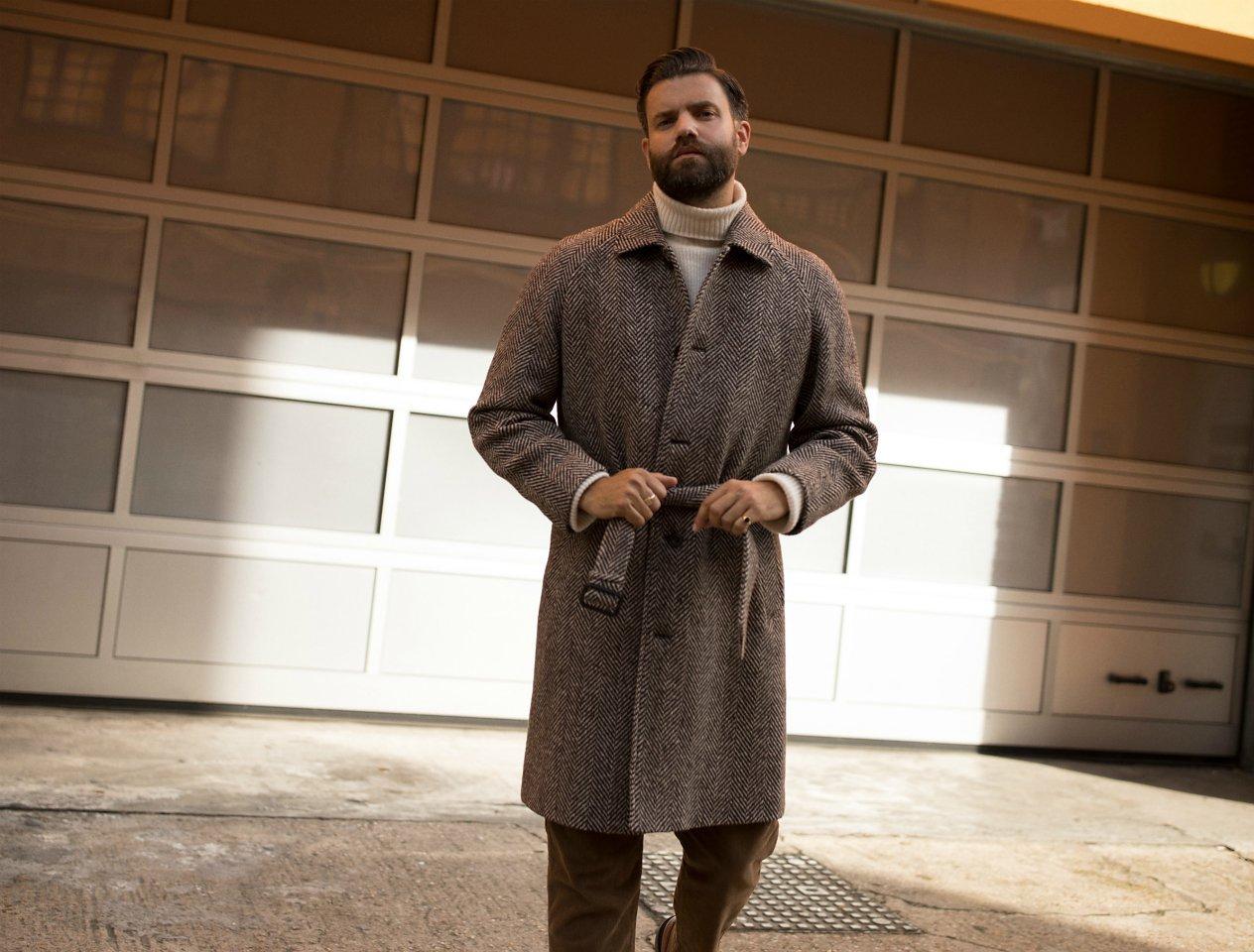 Smart Elegance: Herringbone Overcoat and Cream Turtleneck Smart Elegance: Herringbone Overcoat and Cream Turtleneck — Winter Outfits for Men