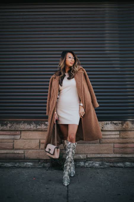 Camel Teddy Coat with Mini Dress and Knee-High Boots Camel Teddy Coat with Mini Dress and Knee-High Boots — Teddy Coat Outfits