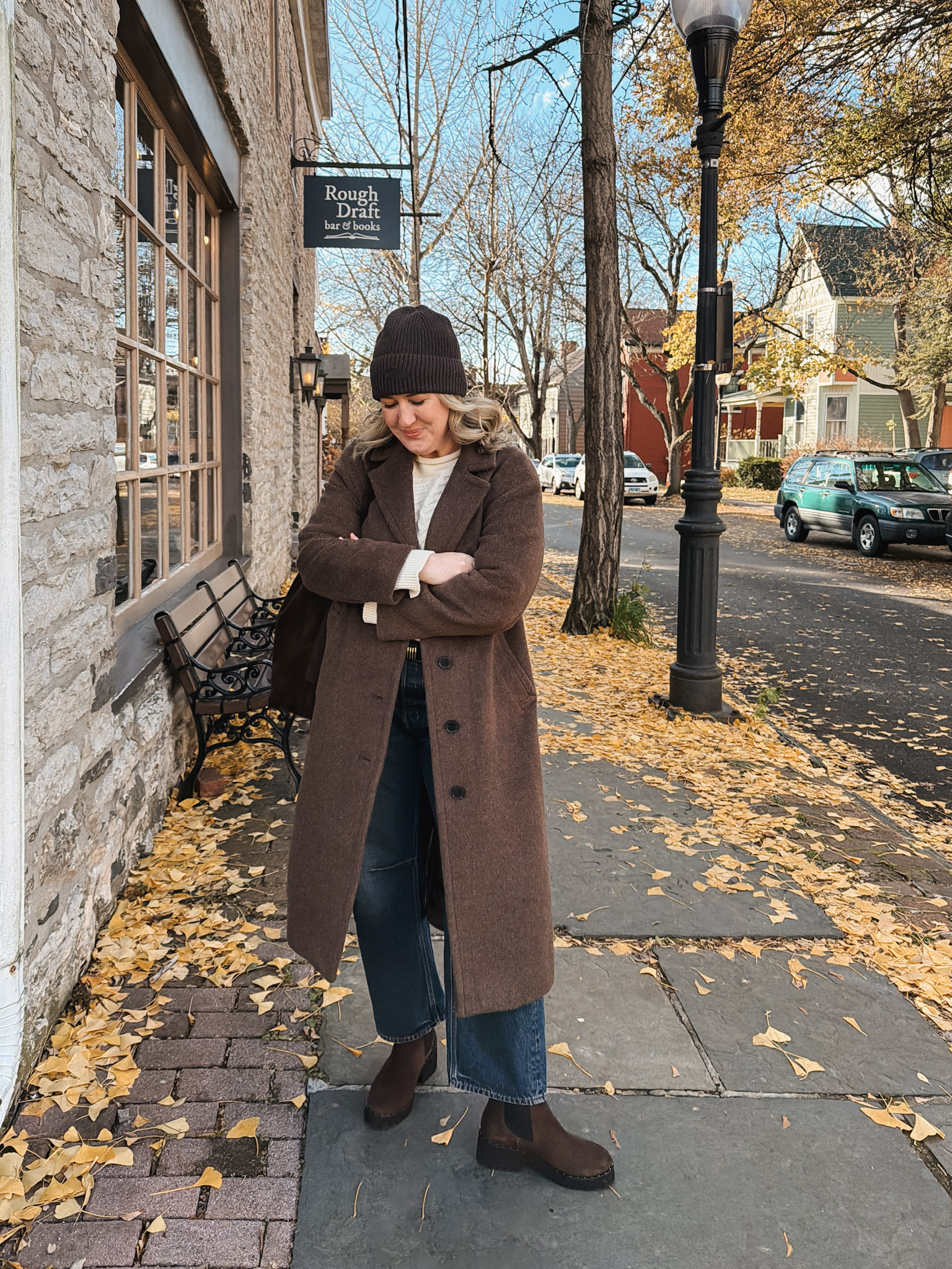 Long Brown Wool-Blend Coat Over Cream Sweater for a Warm Winter Look Long Brown Wool-Blend Coat Over Cream Sweater for a Warm Winter Look — December Outfits