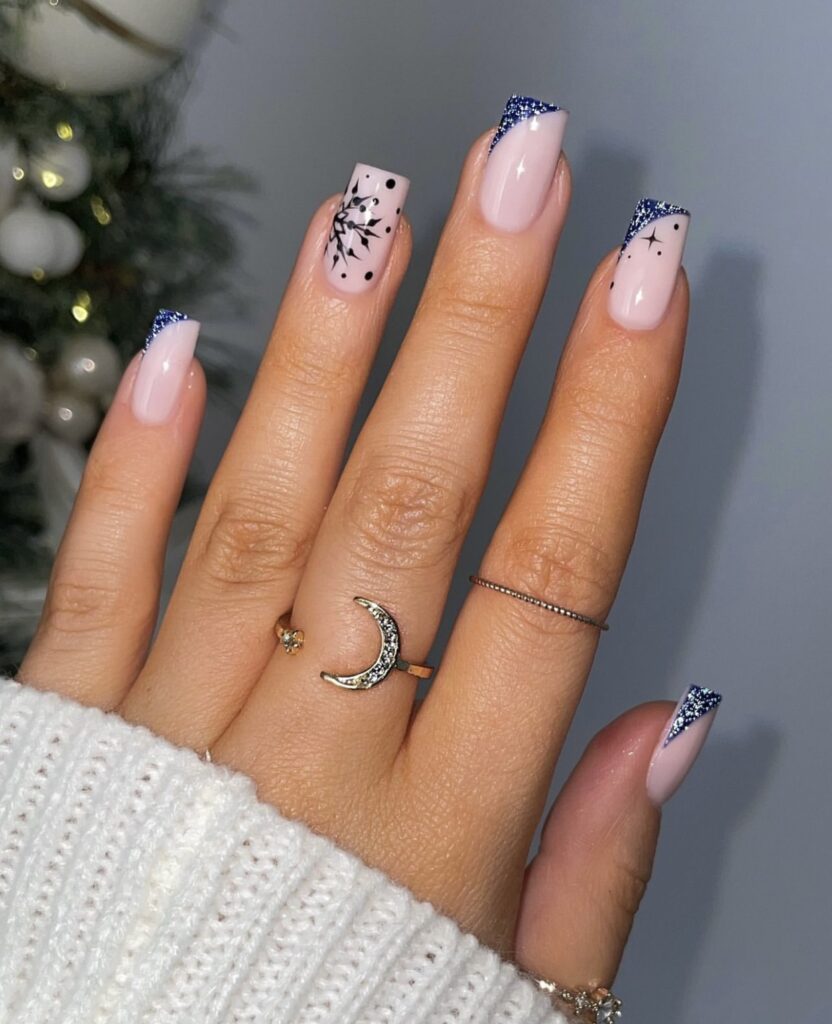 Sheer Pink Blue Glitter Snowflake Square Nails Sheer Pink Blue Glitter Snowflake Square Nails — Short Winter Square Nails