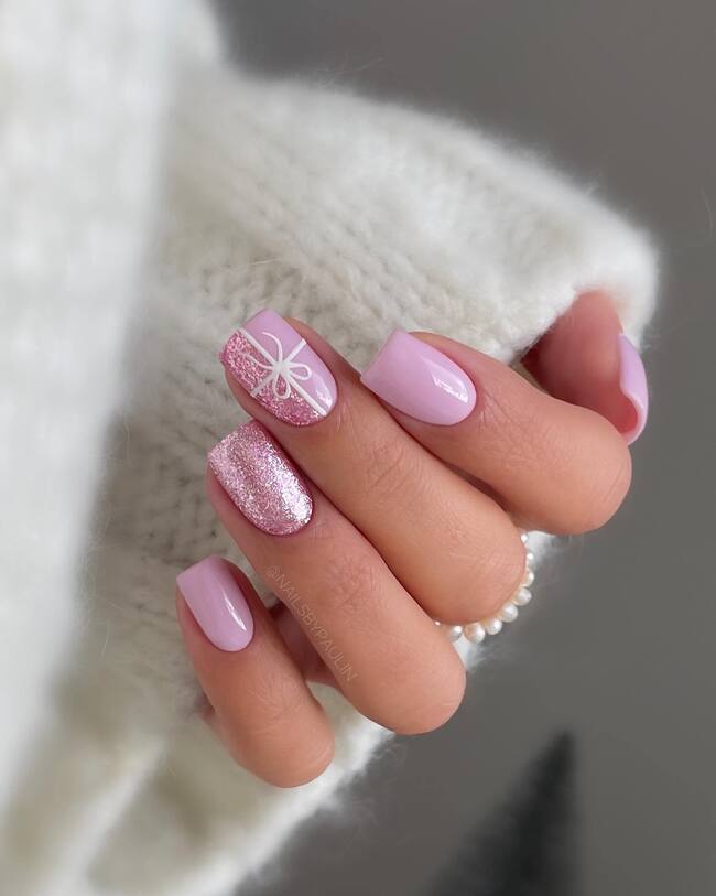 Opaque Pink with Glitter Bow Accent Opaque Pink with Glitter Bow Accent — Short Winter Acrylic Nails